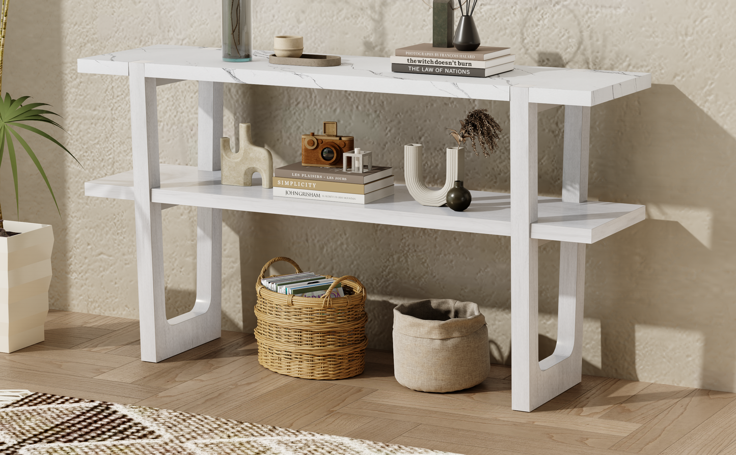 White marble top console table with two shelves for entryway storage