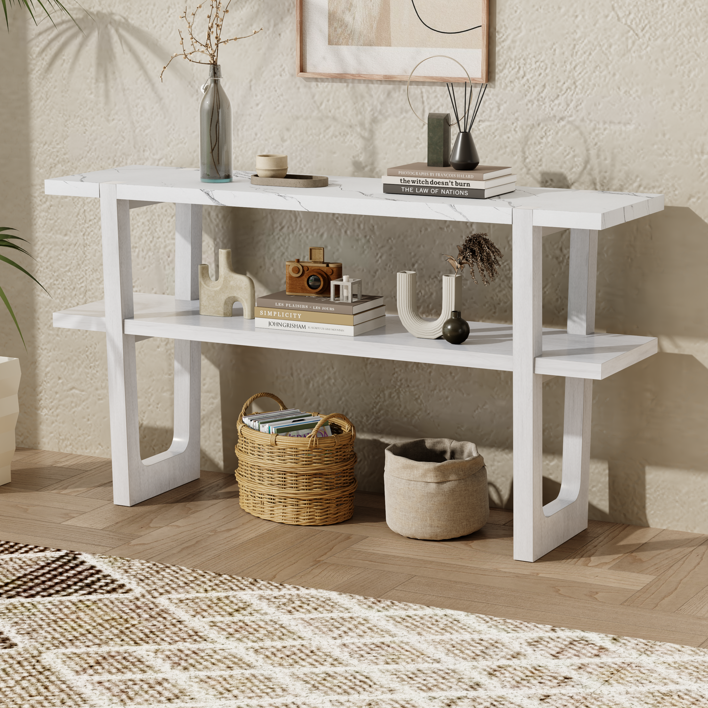 White marble top console table with two shelves and modern open legs