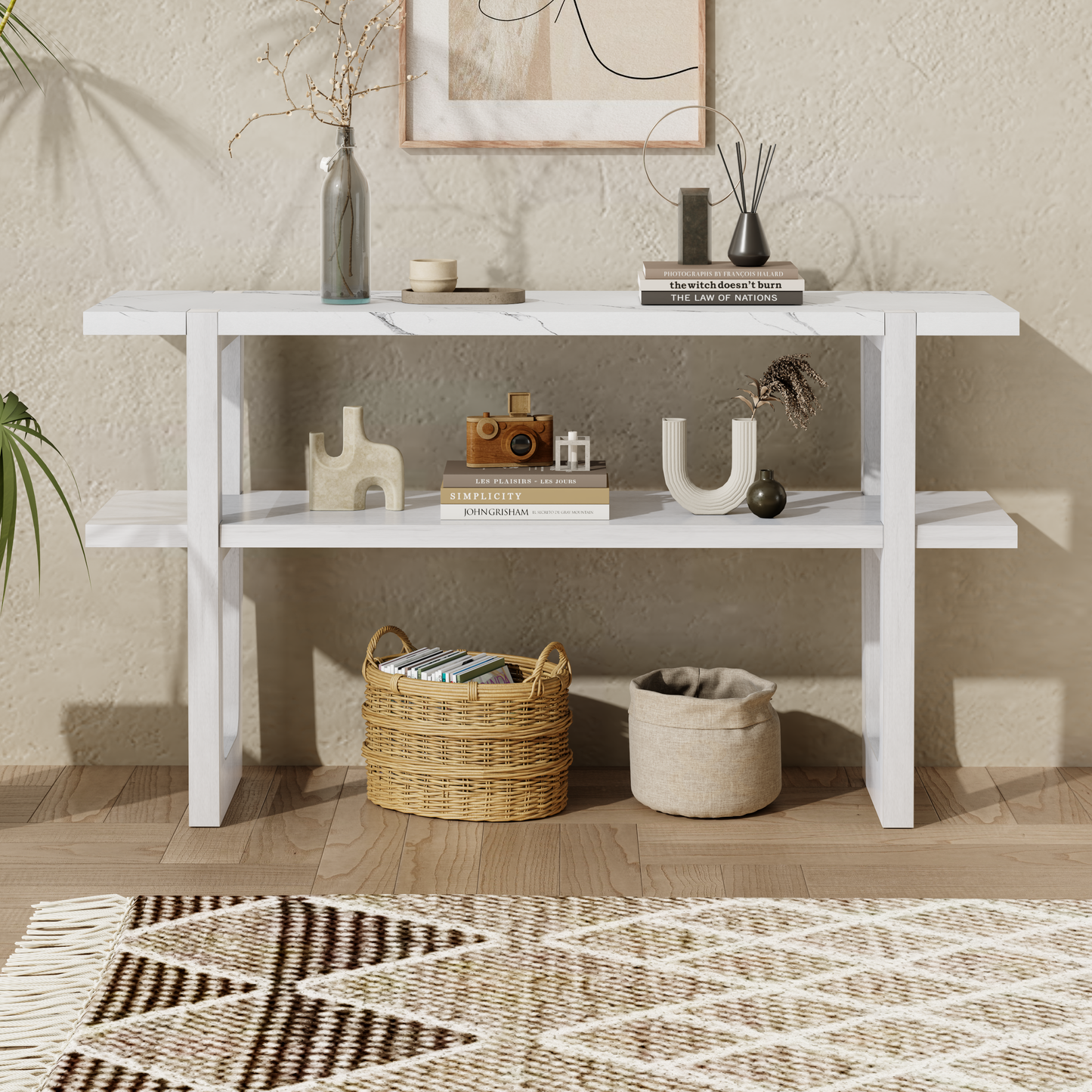 Modern white console table with faux marble top and two shelves