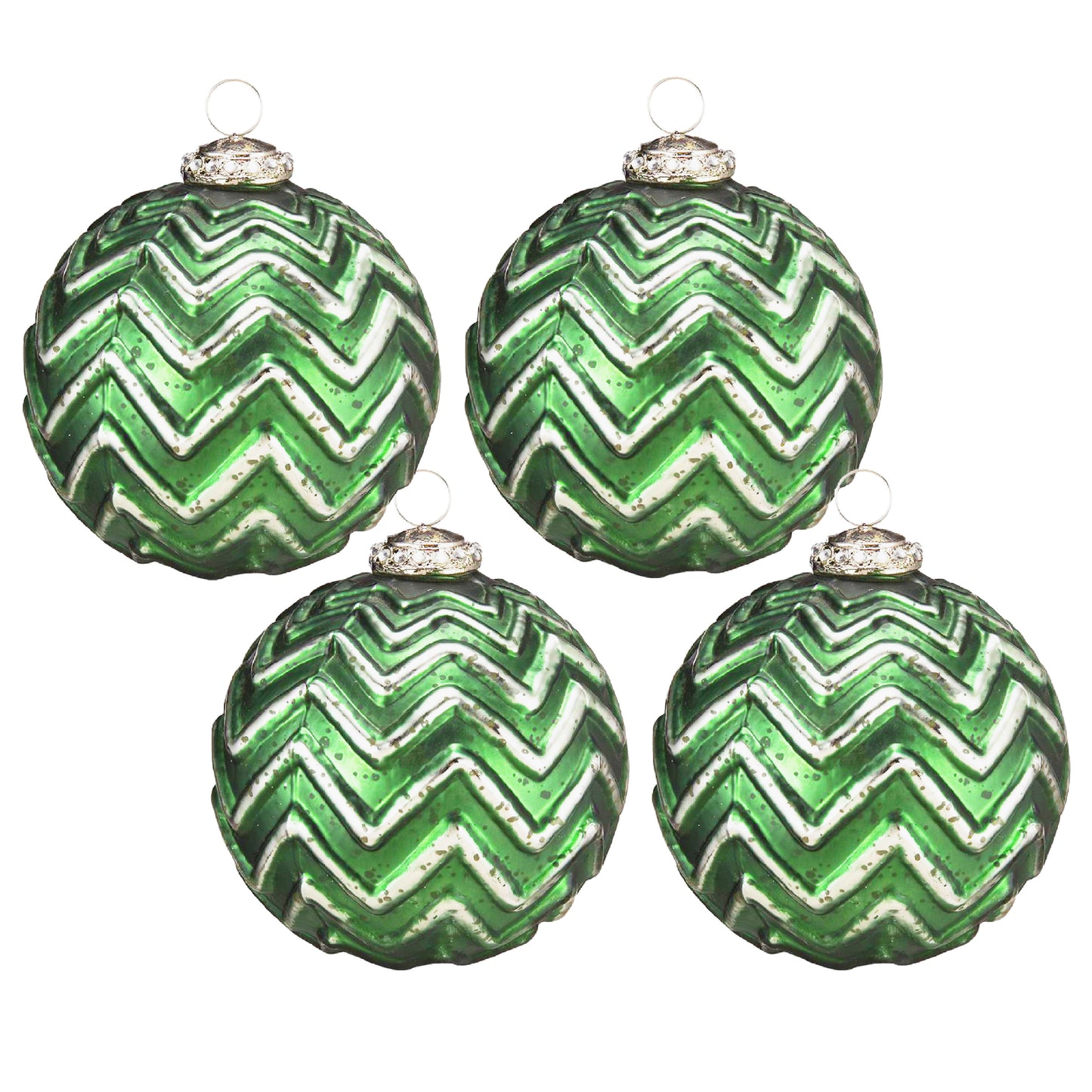 Set of four green chevron glass Christmas ornaments with silver caps