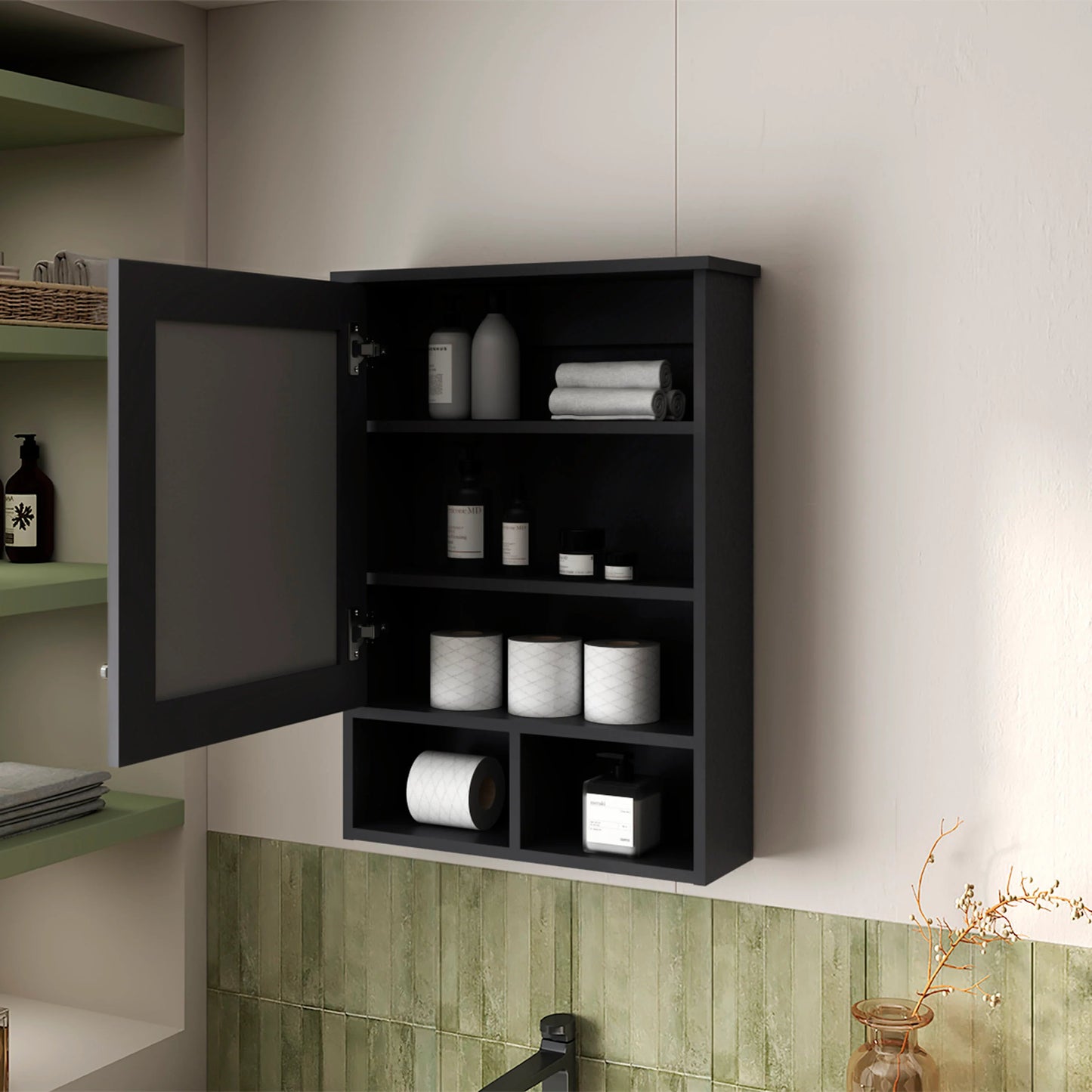Black medicine cabinet with open door storing toiletries