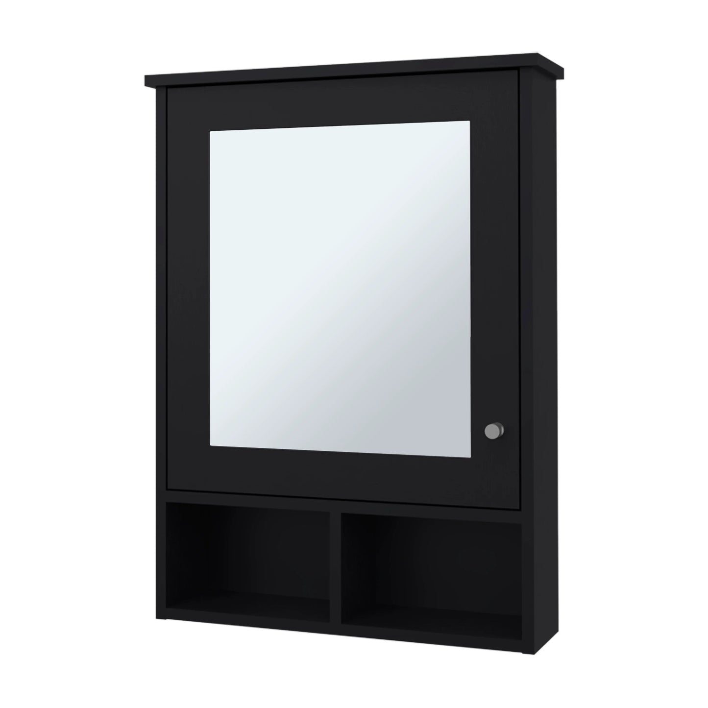 Black mirrored medicine cabinet with open shelves below