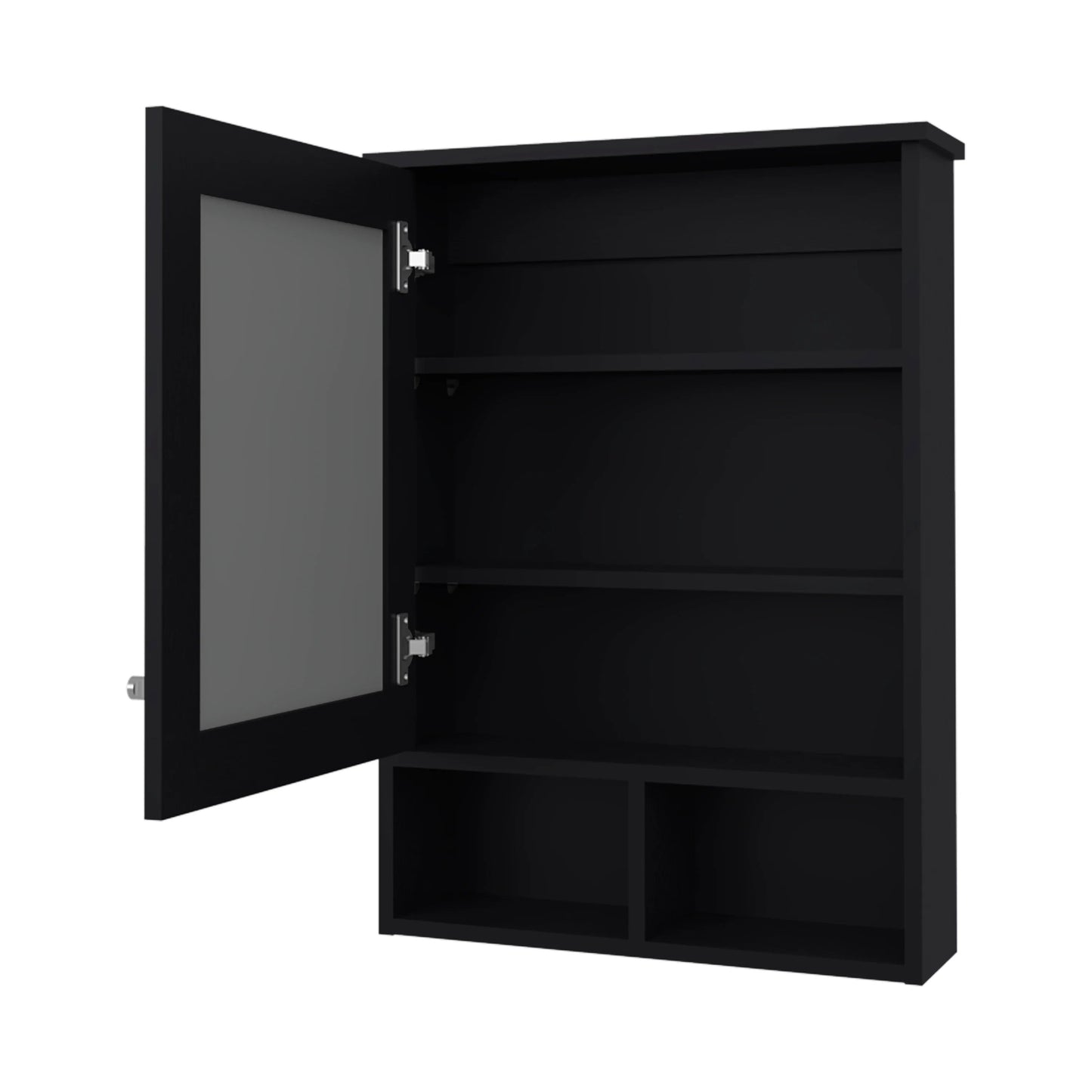 Black medicine cabinet with open mirrored door and multiple shelves