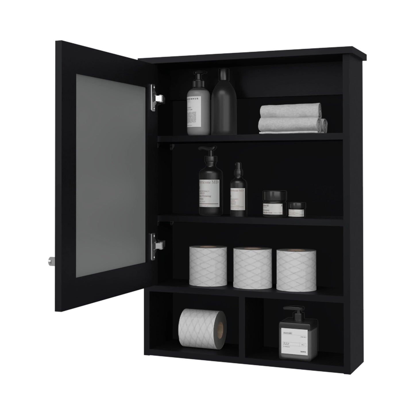 Black medicine cabinet with mirrored door and open shelves