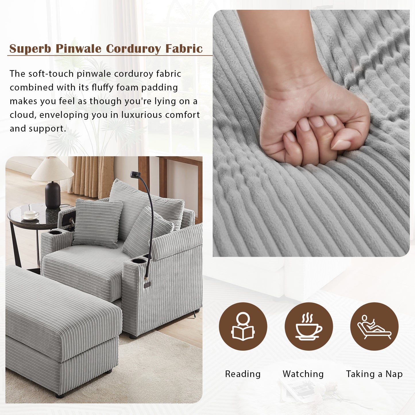 Gray pinwale corduroy sofa with plush cushions and ottoman for a cozy living room