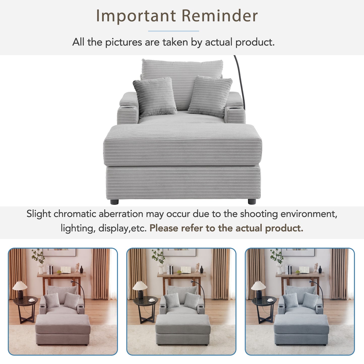 Gray corduroy chaise lounge chair with two square pillows