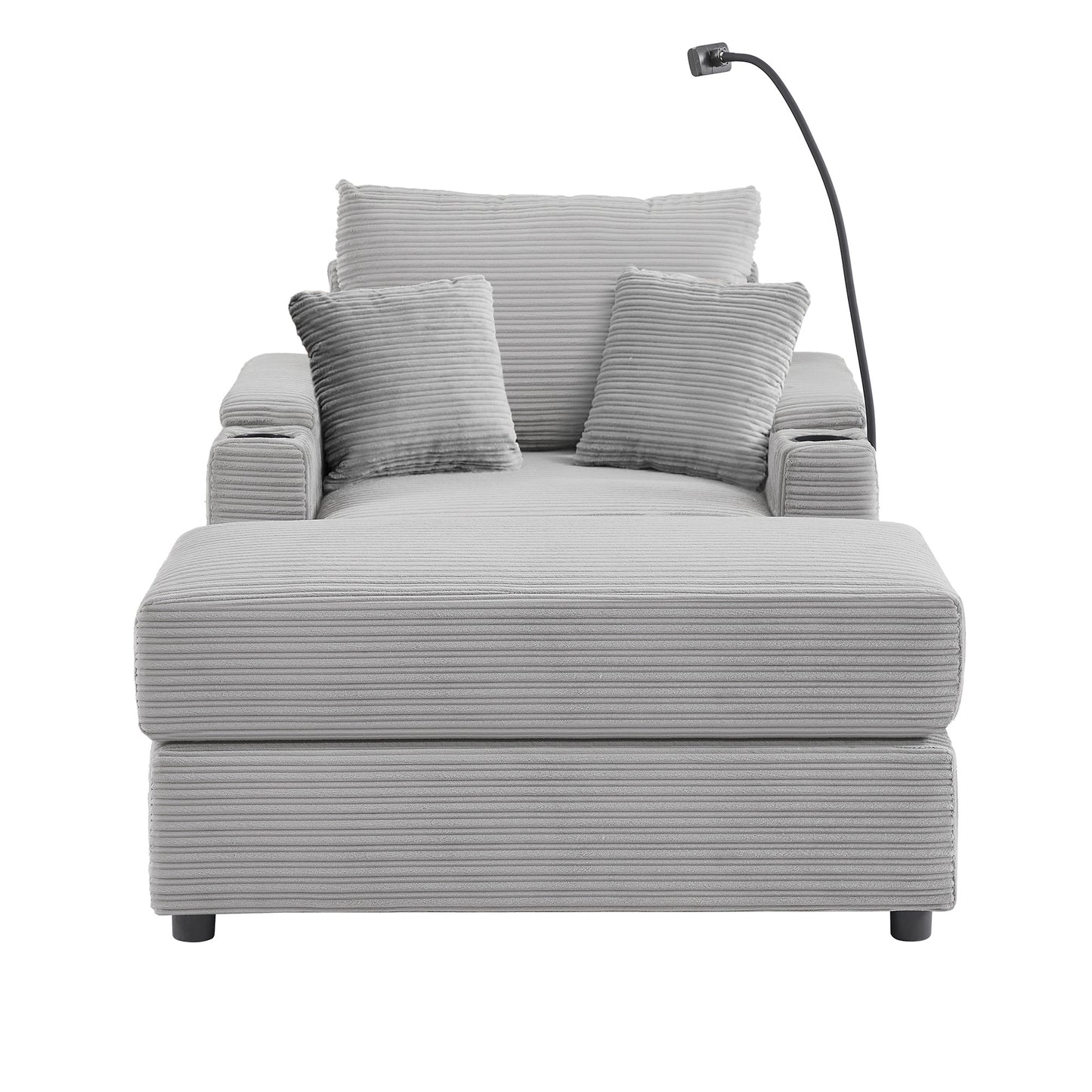 Grey corduroy chaise lounge with integrated reading light