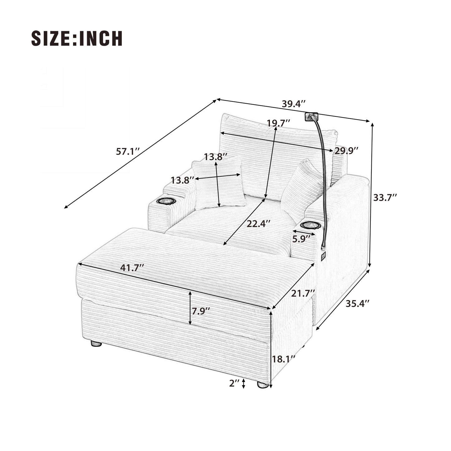 Diagram showing chaise lounge dimensions