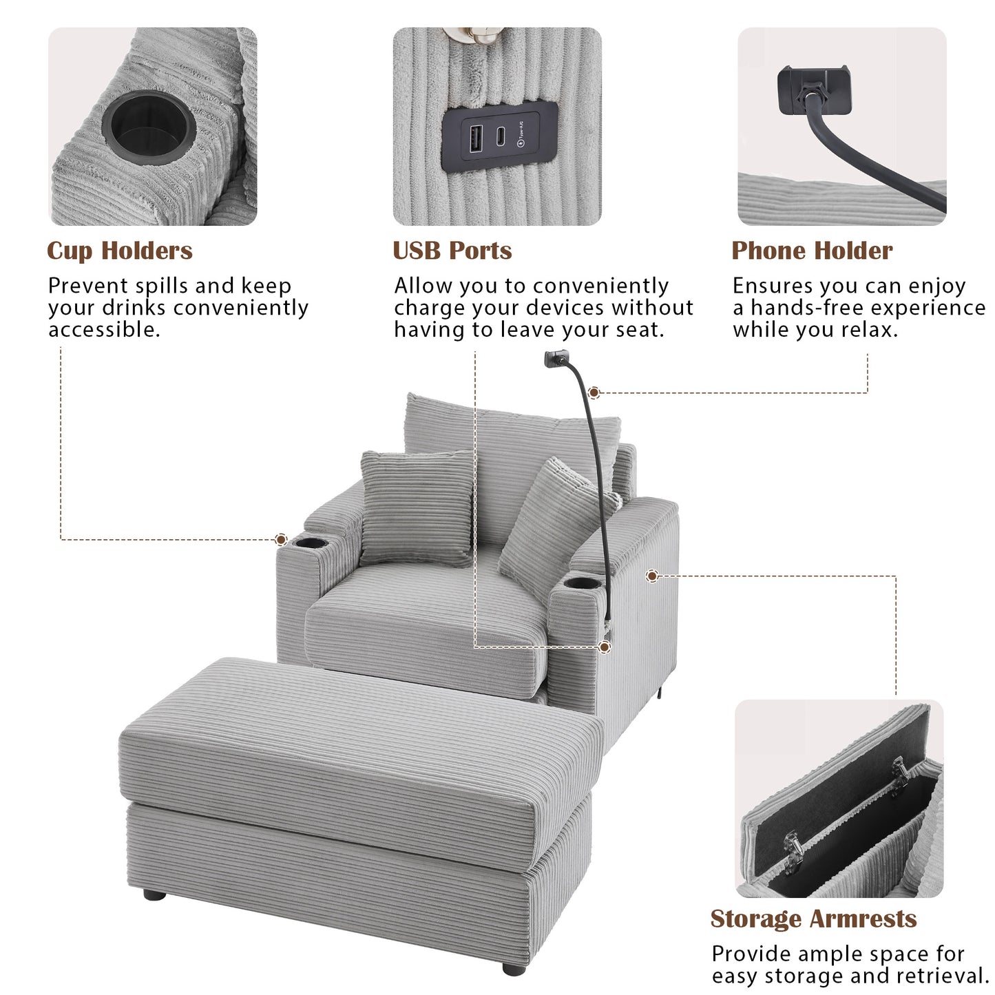 Gray corduroy armchair with integrated cup holders and USB charging ports