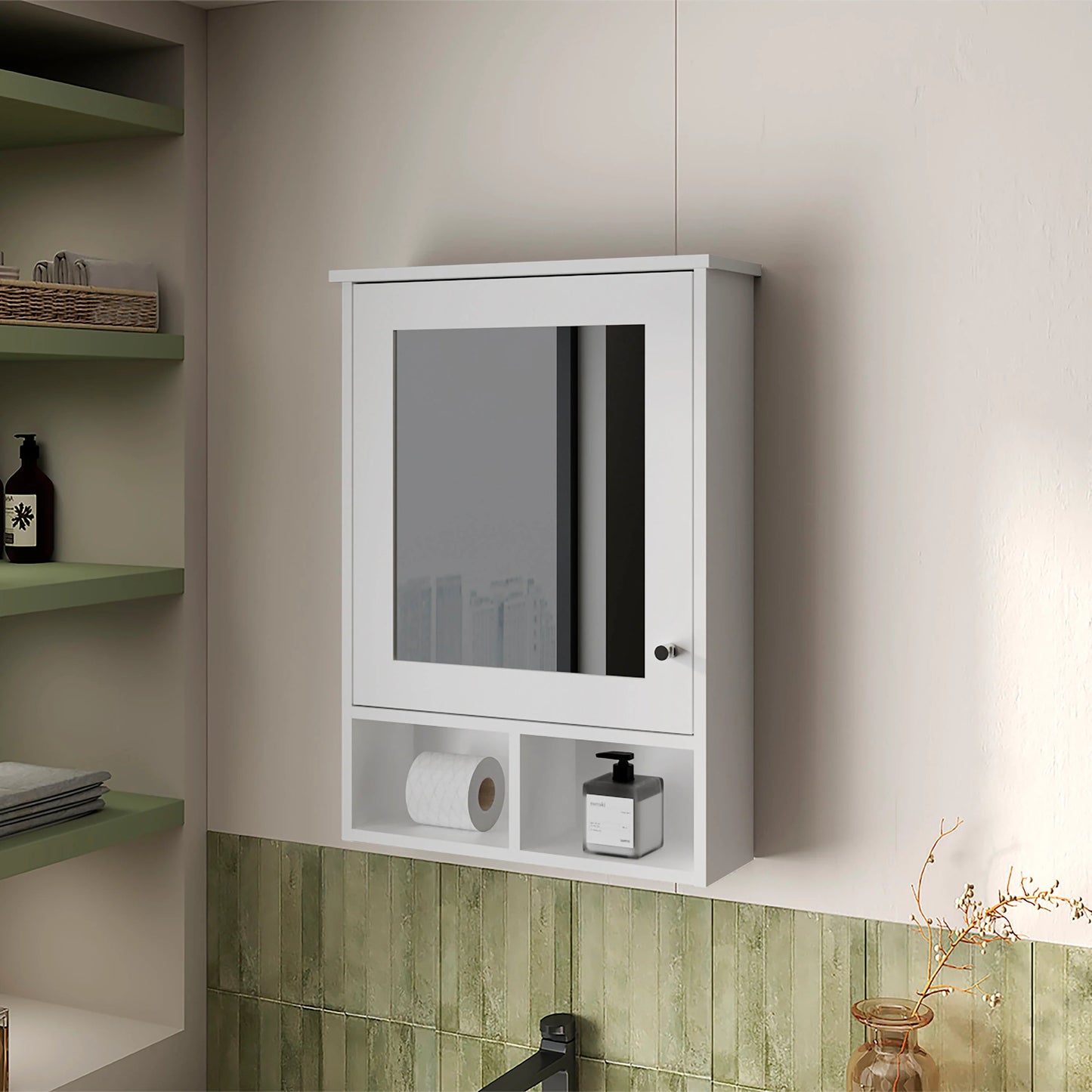 White mirrored bathroom cabinet with open shelves below