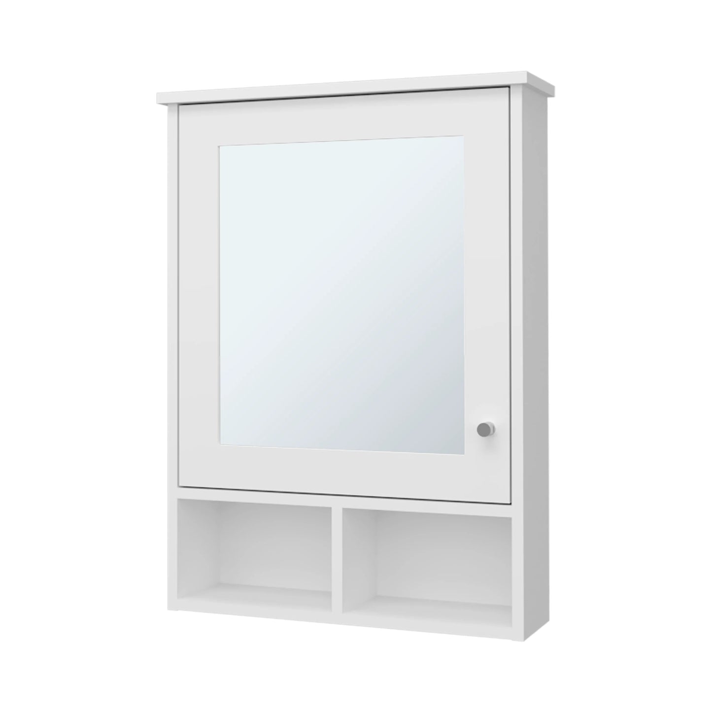 White medicine cabinet with mirrored door and open shelving