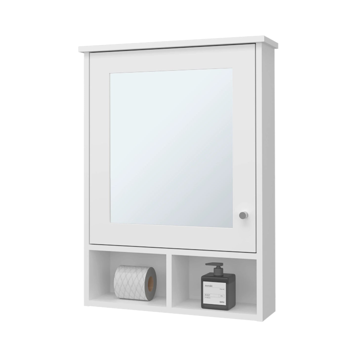 White medicine cabinet with mirrored door and open shelves holding toilet paper and soap dispenser