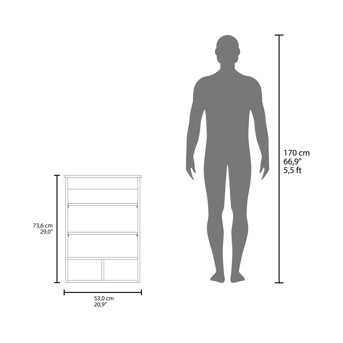 Blueprint of a white shelf bookcase measuring cm high and cm wide next to a cm human silhouette
