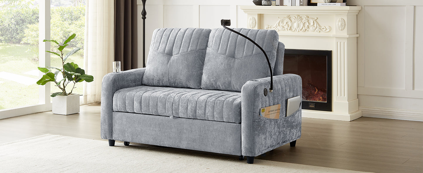 Gray velvet loveseat sofa bed with tufted cushions and integrated storage pockets