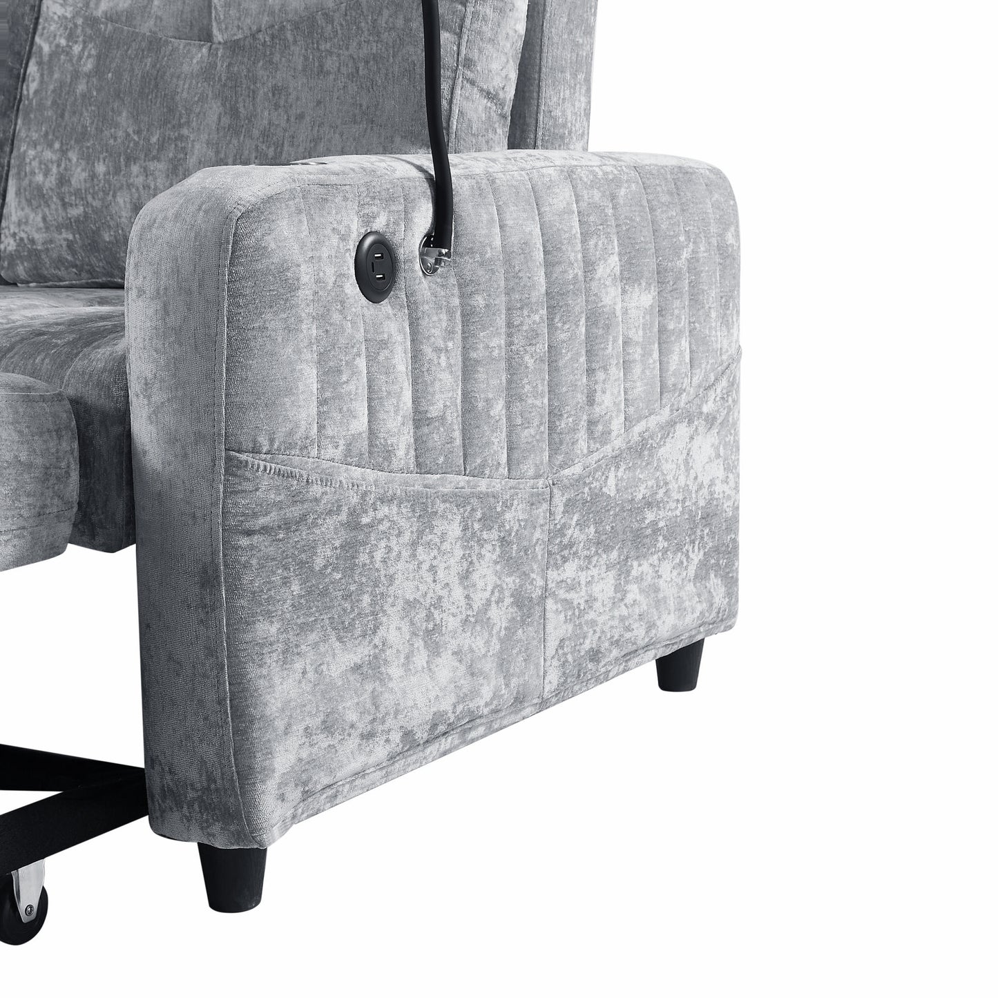 Gray crushed velvet armchair with builtin USB port and side pocket