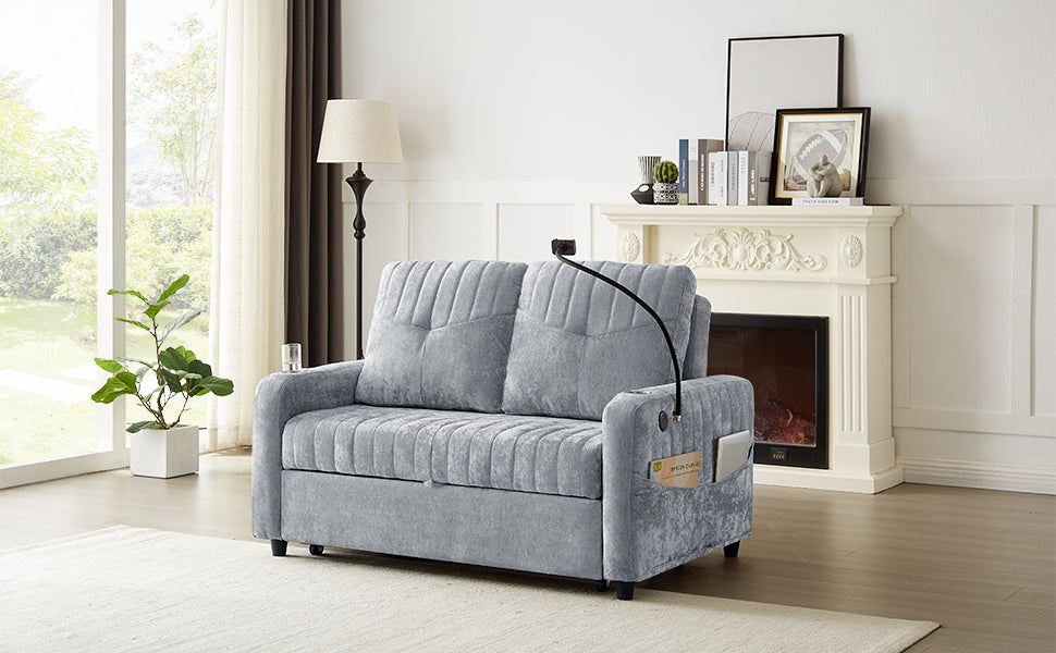 Grey loveseat sleeper sofa with builtin reading lamp and side pocket