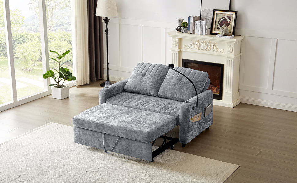 Gray velvet sleeper sofa with pullout ottoman