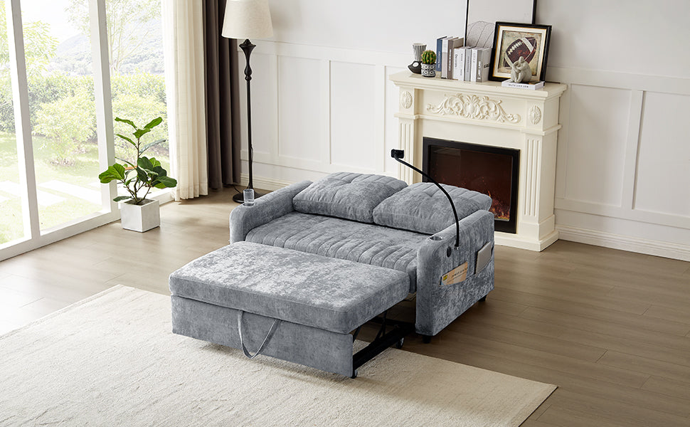 Grey velvet pull out sofa bed with storage ottoman