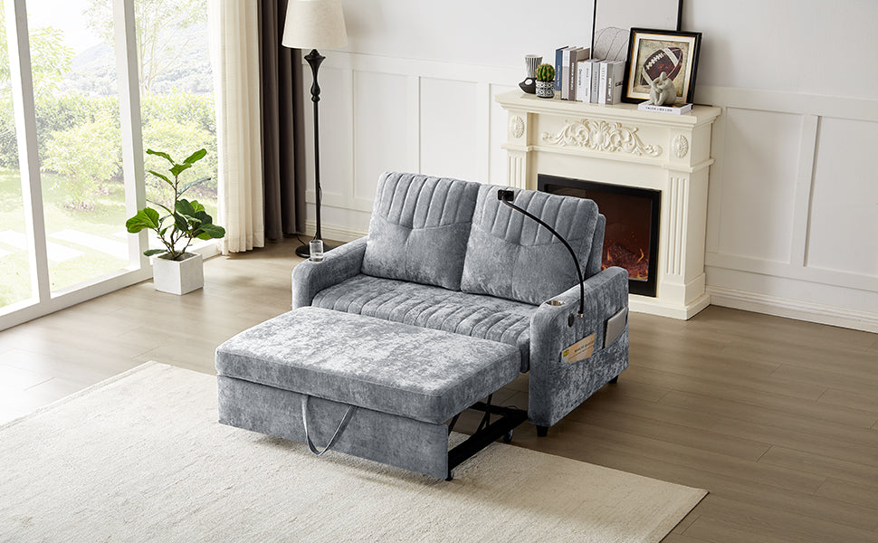 Gray velvet convertible sofa bed with pullout ottoman and builtin storage