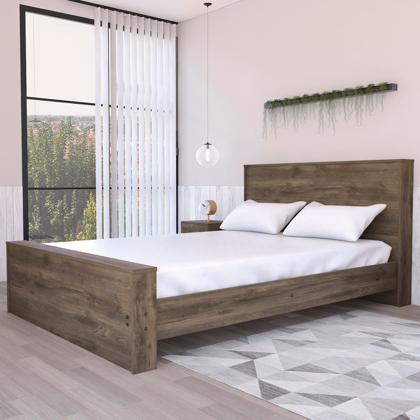 Rustic oak wood queen bed frame with minimalist design