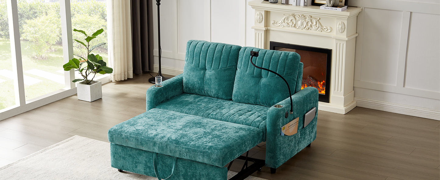 Teal velvet sofa bed with tufted back and storage ottoman for small spaces