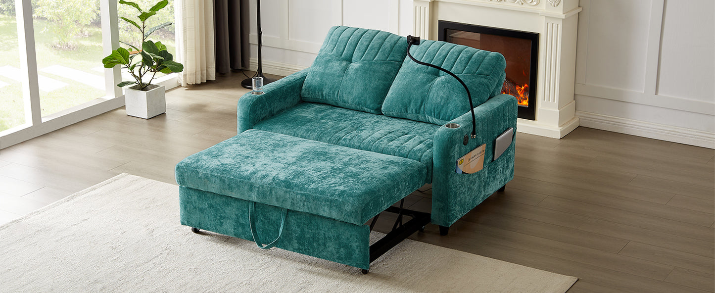 Teal crushed velvet sofa bed with pullout ottoman
