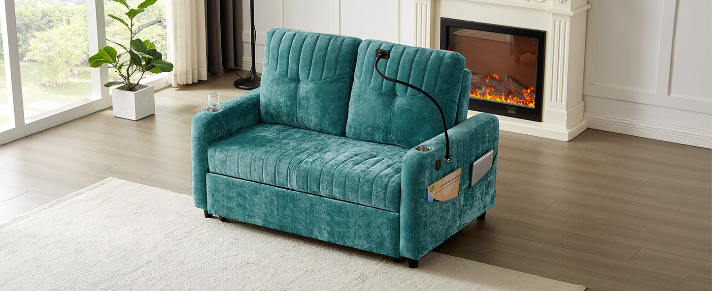 Teal velvet loveseat sofa bed with cup holder and side storage