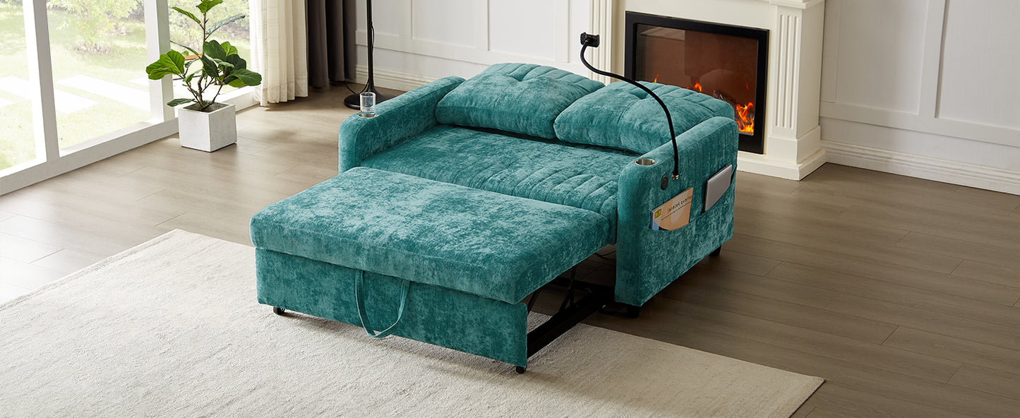 Teal velvet sofa bed with pullout ottoman and builtin storage