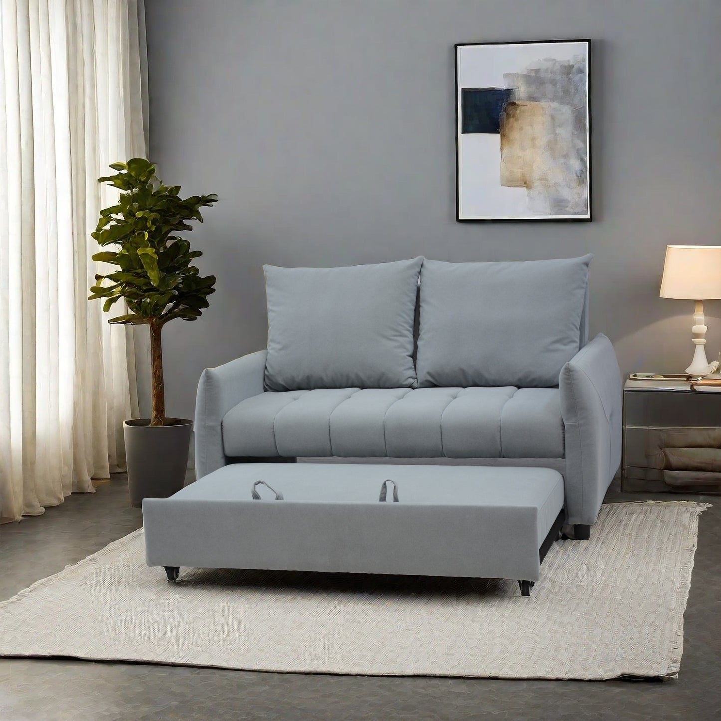 Light grey sofa bed with pullout mattress