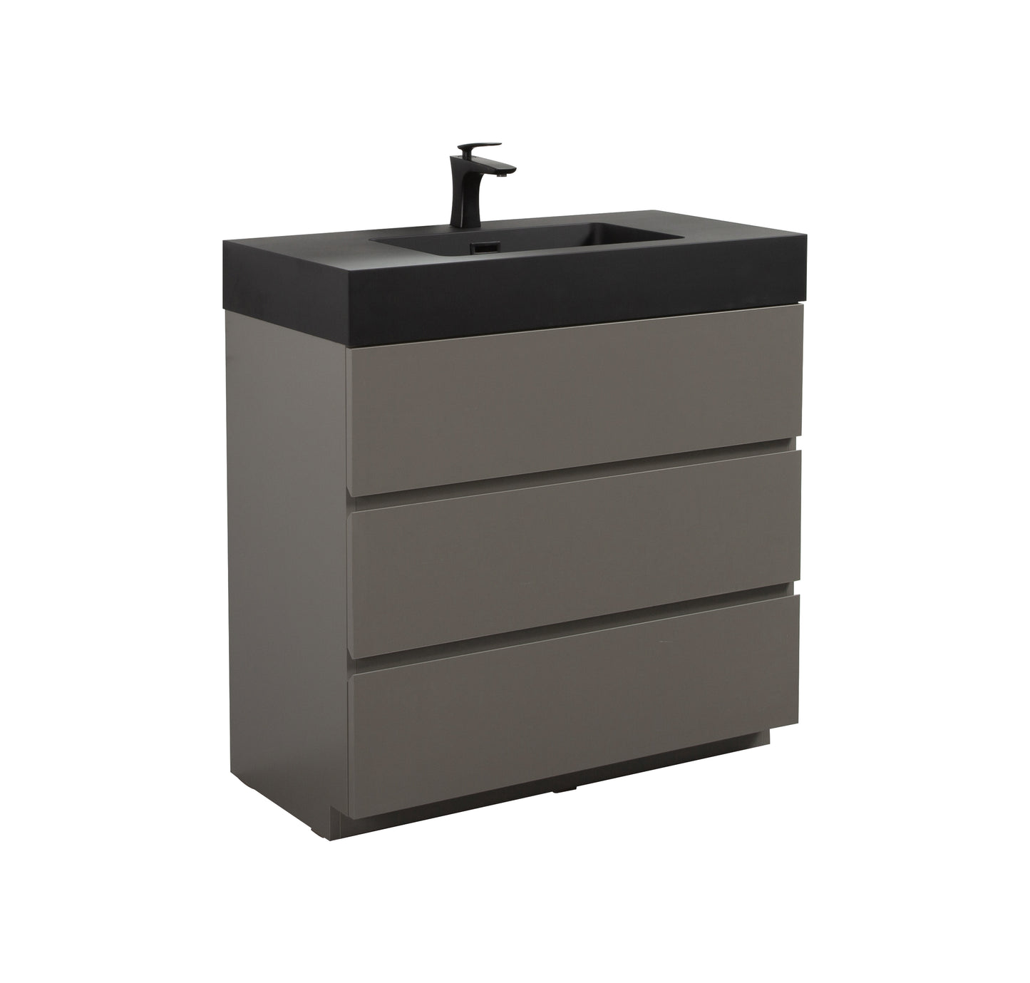 Modern grey vanity with matte black countertop and faucet