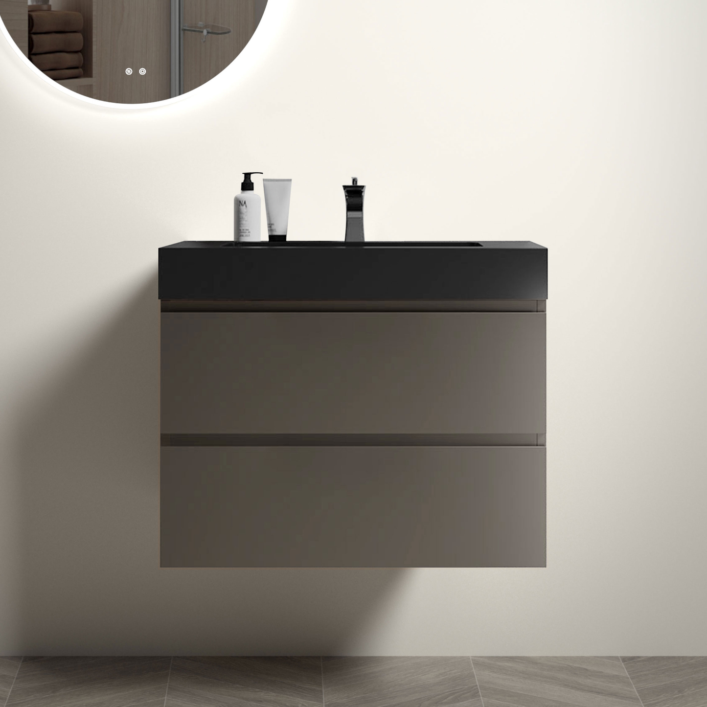 Wallmounted bathroom vanity in charcoal and taupe with two drawers and black countertop