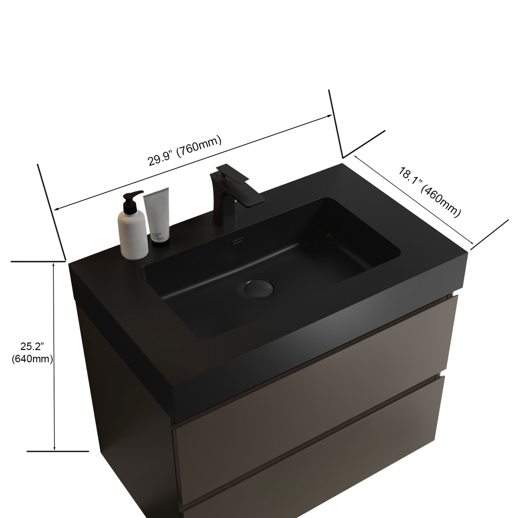 Modern black vessel sink vanity with dark brown drawers and matte black faucet