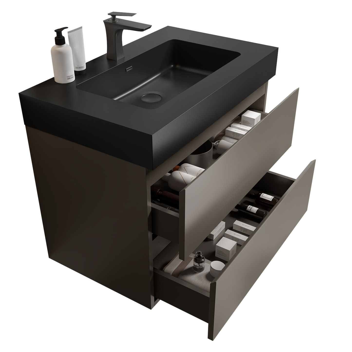 Modern dark gray vanity with integrated black sink and matte black faucet
