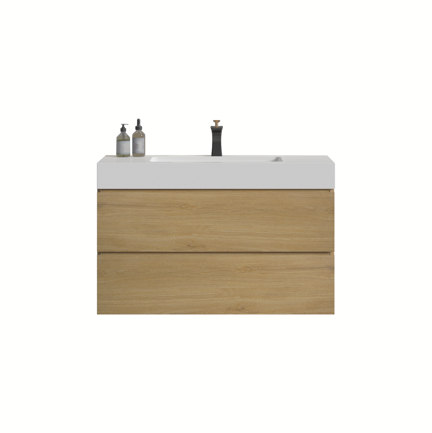Modern oak veneer vanity with white countertop and black faucet