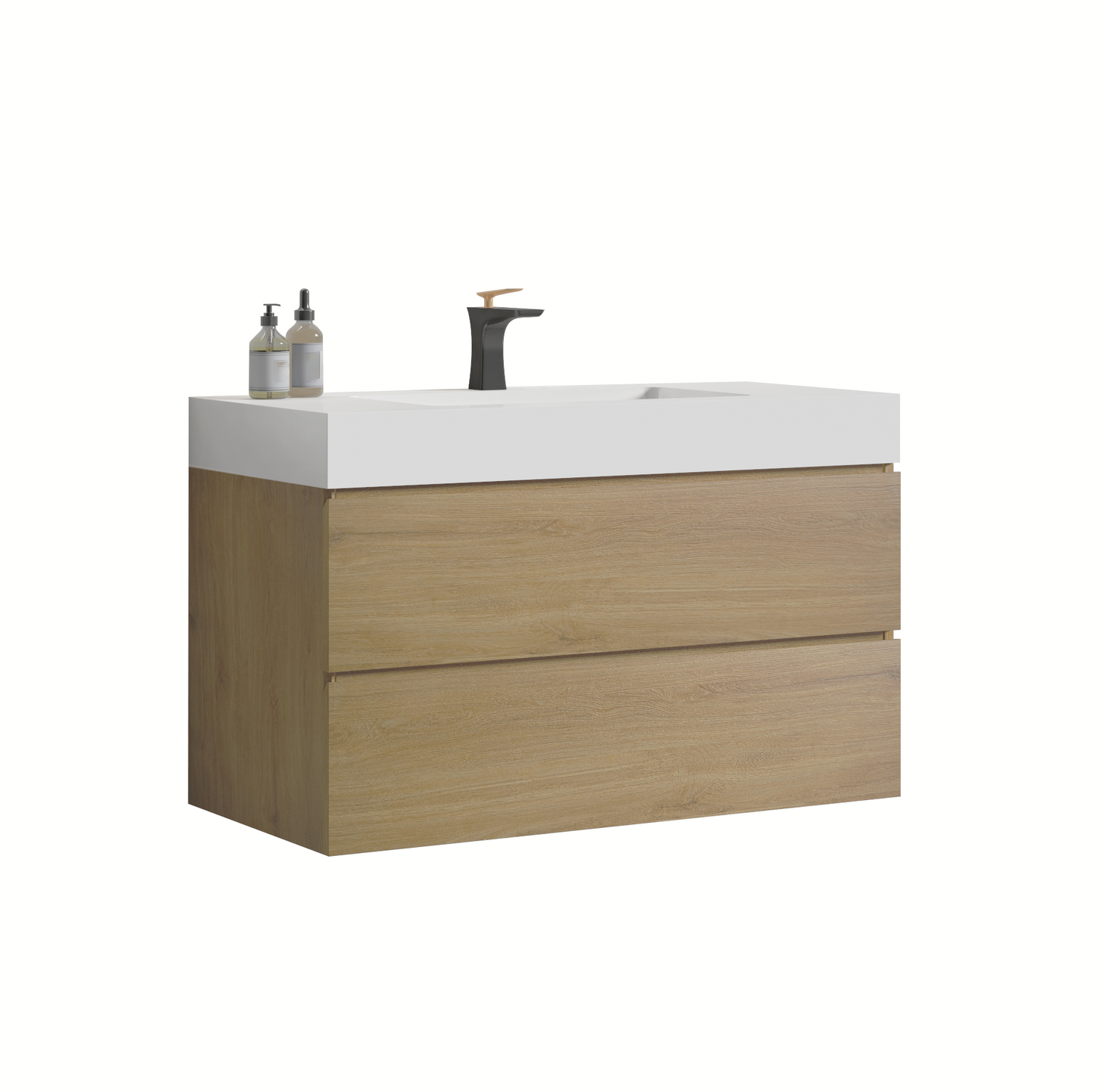 Modern oak veneer vanity with white integrated sink and black faucet
