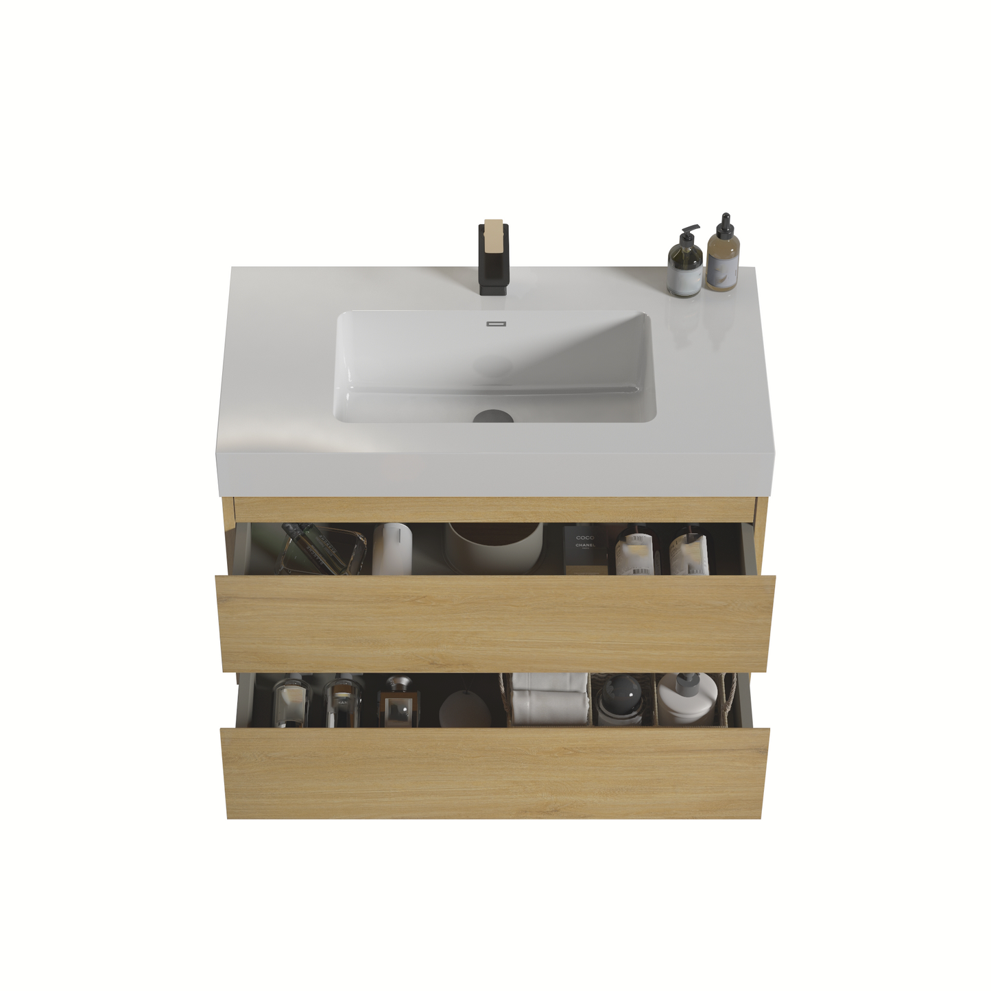 Modern floating bathroom vanity with white countertop and oak drawers