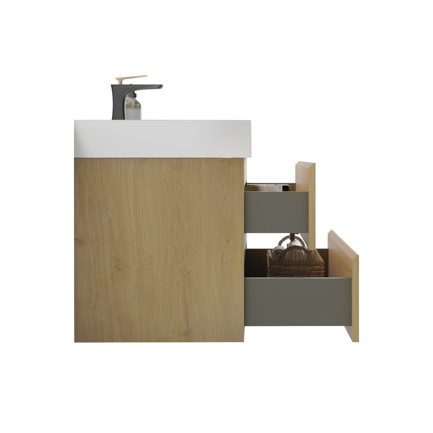 Modern oak vanity with dark gray drawers and matte black faucet