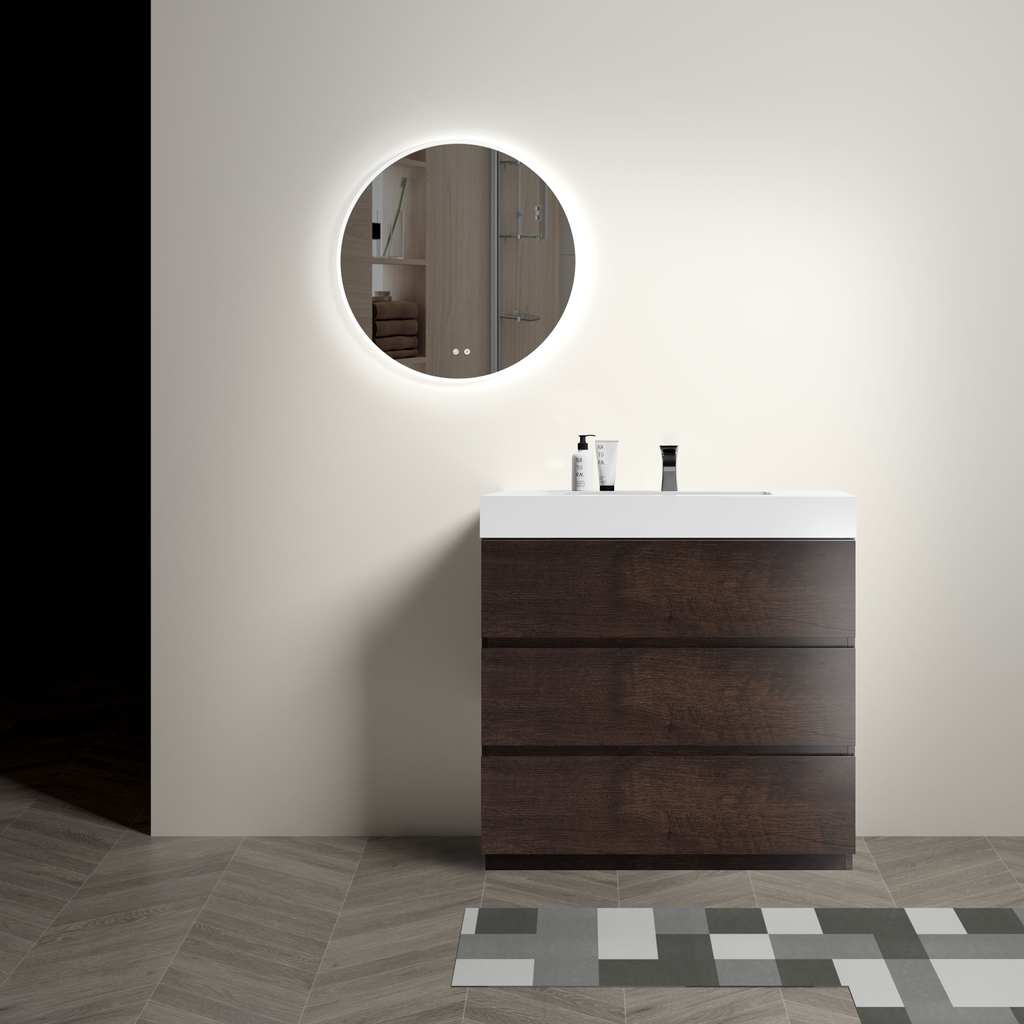 Modern dark oak bathroom vanity with three drawers and integrated white sink
