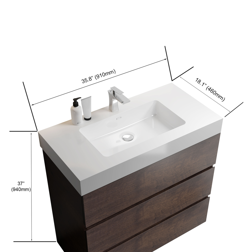 Modern bathroom vanity with white integrated sink and dark wood drawers