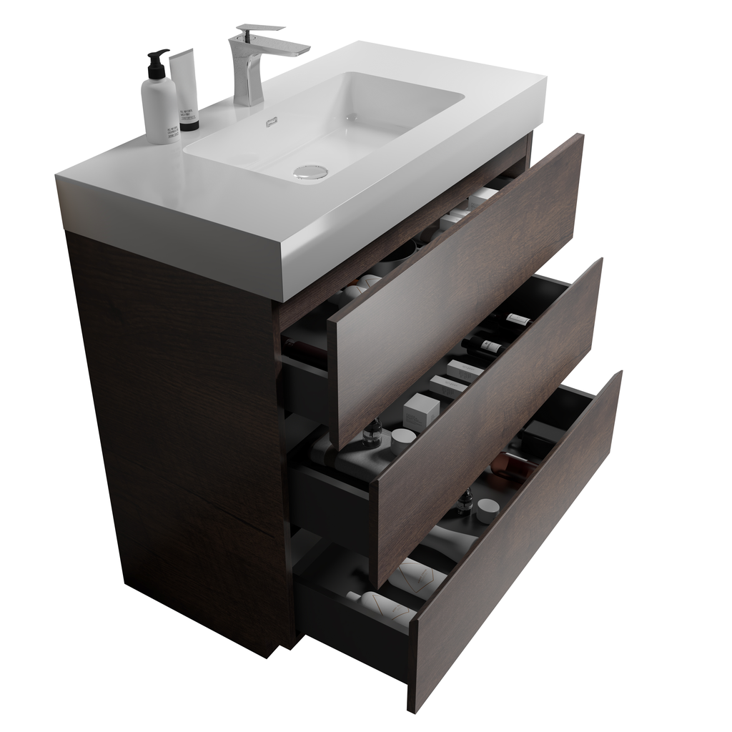 Modern dark wood bathroom vanity with white countertop and three drawers