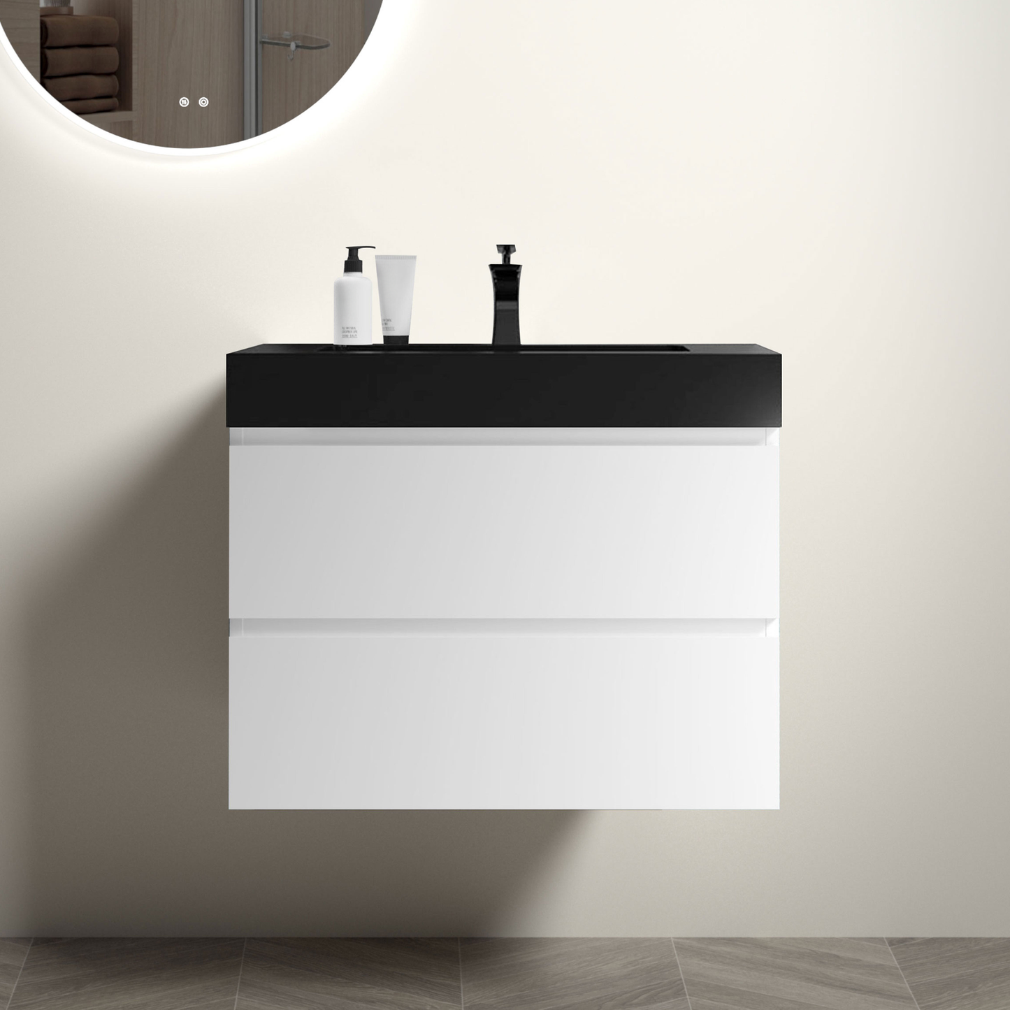 Floating white vanity with black top and modern black faucet