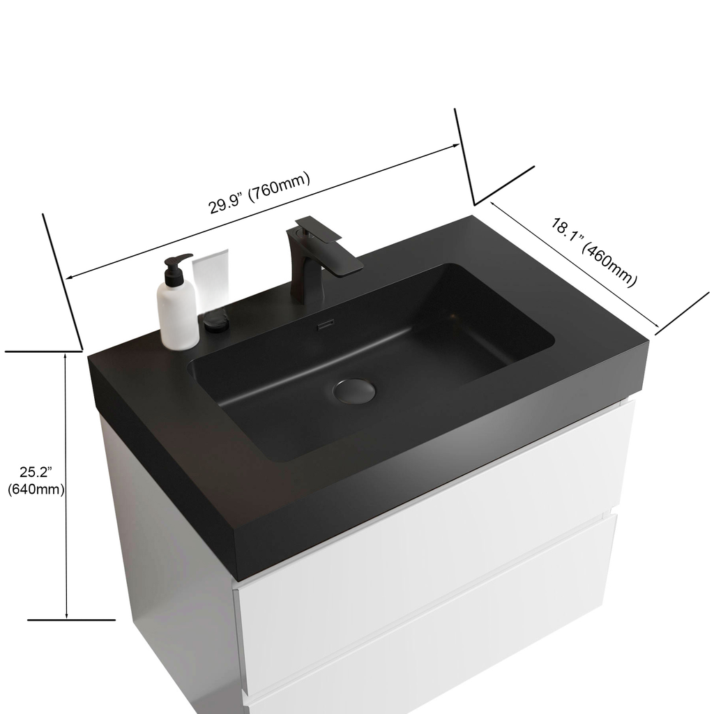 Modern black undermount sink with matte black faucet on white vanity