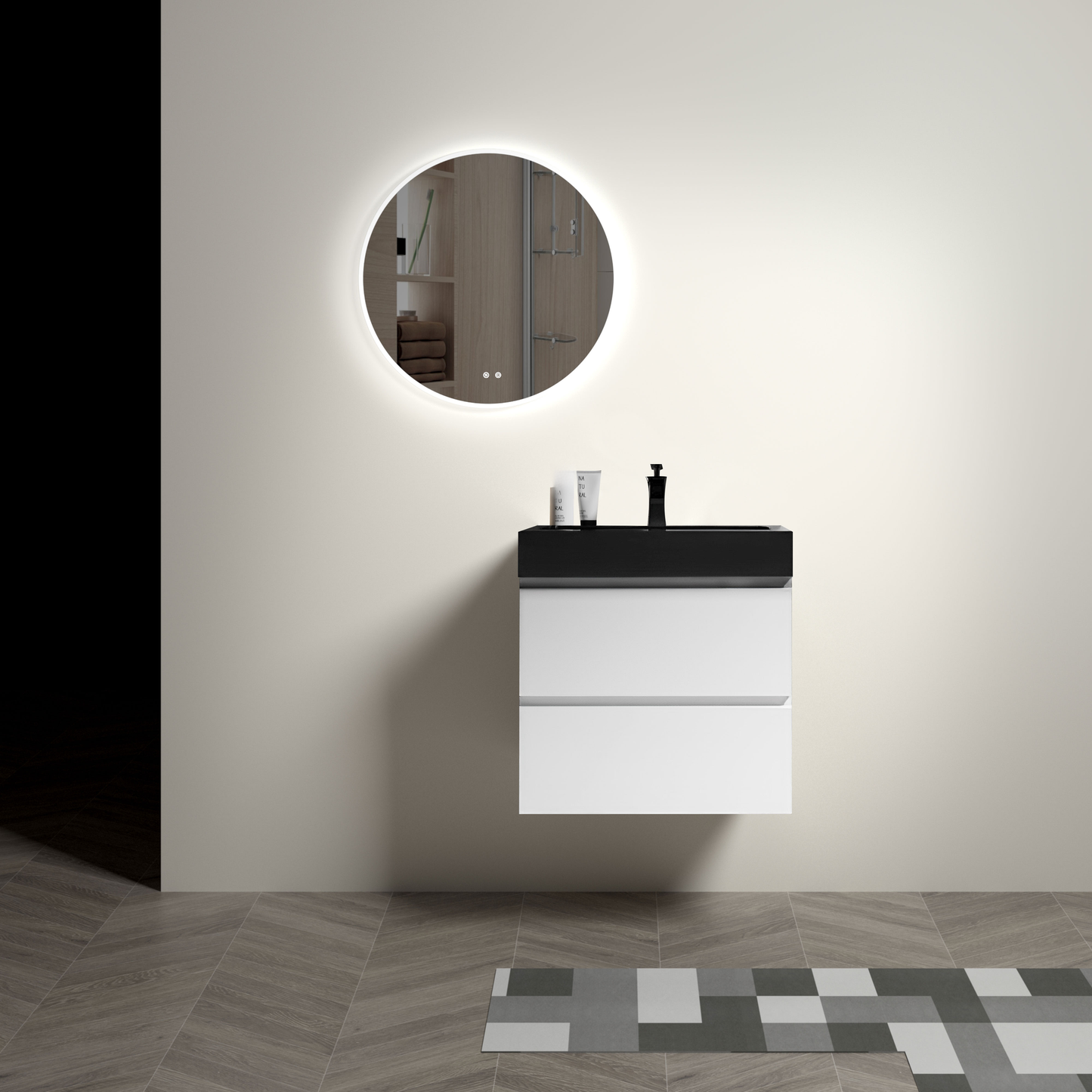 Modern white and black vanity cabinet with integrated sink and round LED mirror