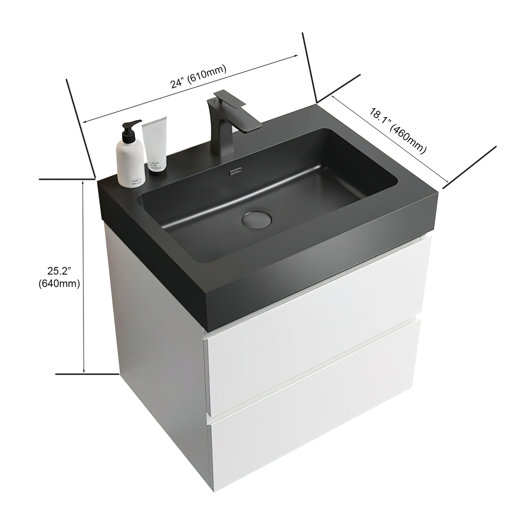 Modern wallmounted vanity with white drawers and a black integrated sink and countertop