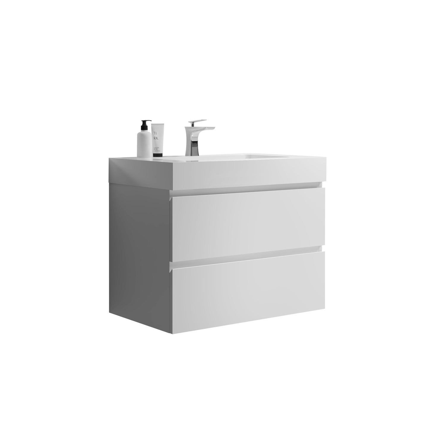 Modern white wallmounted bathroom vanity with two deep drawers