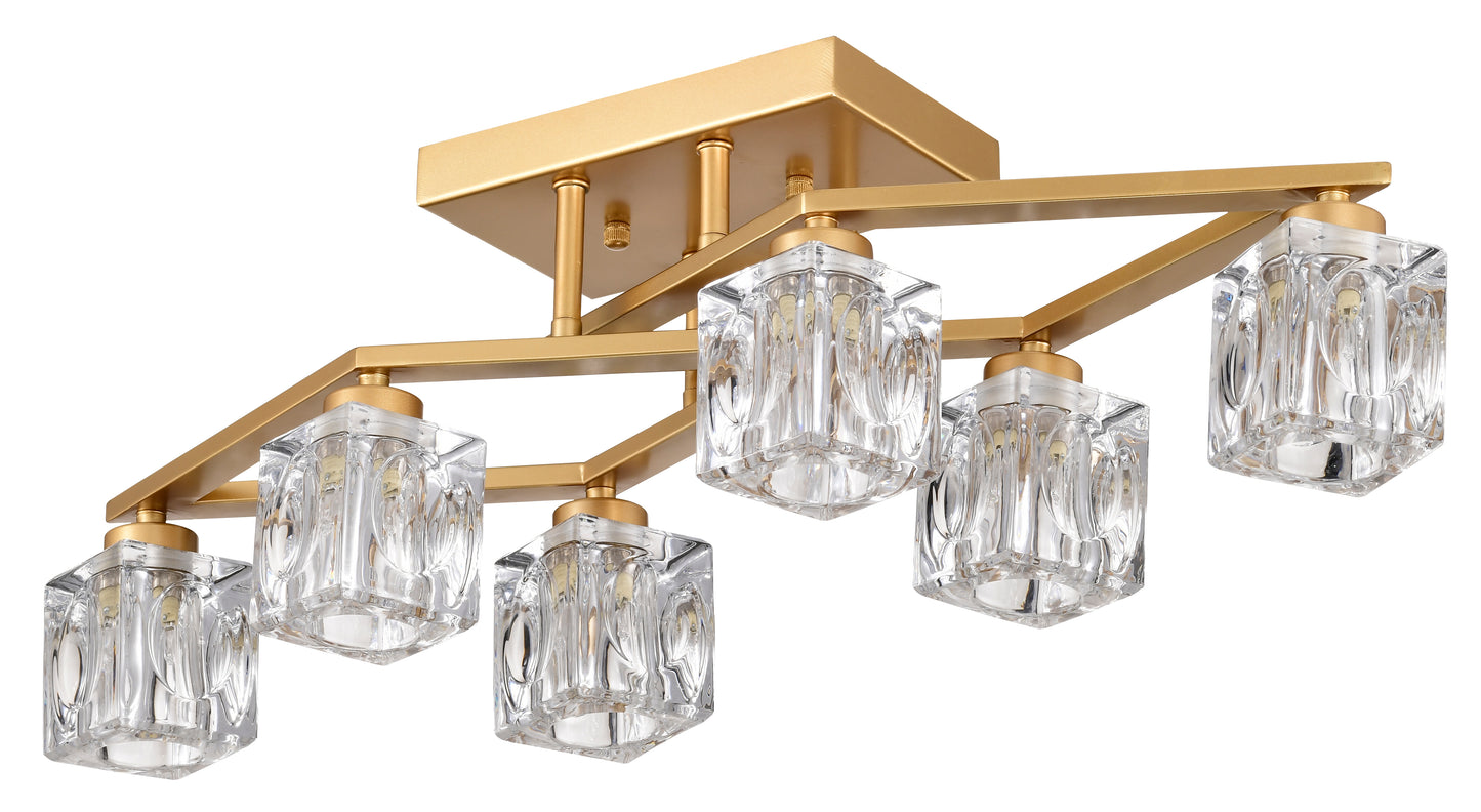 Gold flush mount chandelier with six crystal square shades and modern geometric design