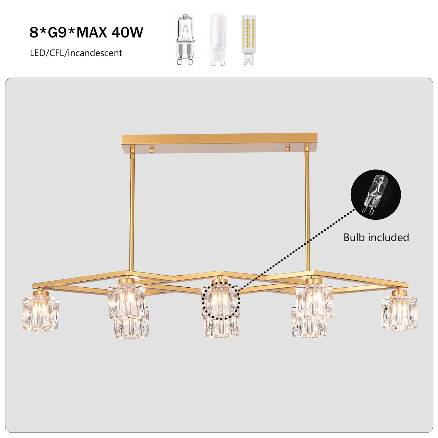 Gold linear chandelier with crystal glass shades