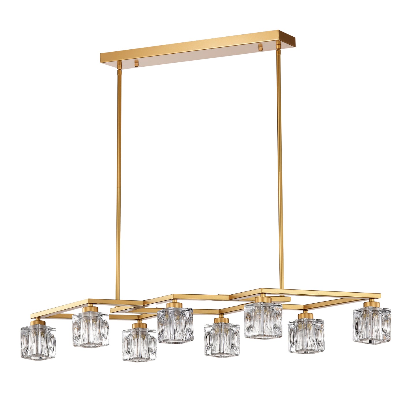 Modern brass chandelier with eight crystal glass shades
