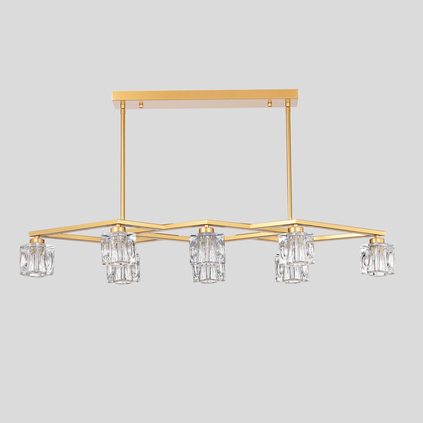 Gold linear chandelier with clear glass prism shades and modern geometric design