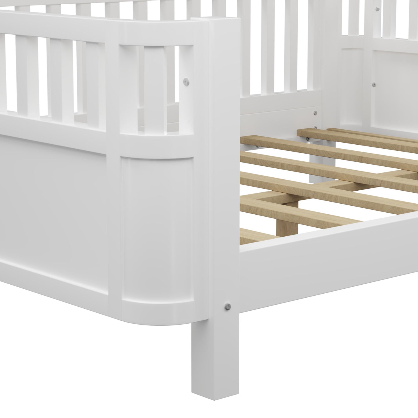 White wooden toddler bed frame with slatted base